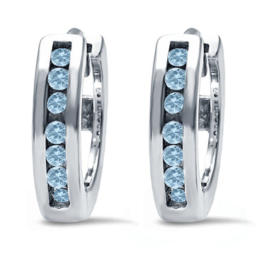 Half Eternity Hoop Earrings Round Simulated Aquamarine CZ 925 Sterling Silver (11mm)